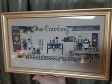 Vintage Crossstitch Amish Courting Framed Petit Point Crosstitch Needlepoint Art