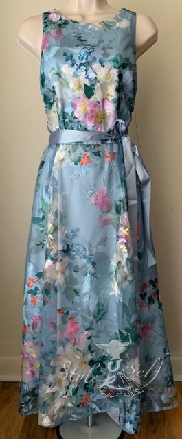 tahari embroidered floral ribbon dress