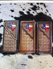 Men's Tooled Texas Flag Logo Wallet, Western Style - Brown Black Blue Red