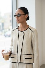 Zara Basic Linen Blend Zip Blazer Jacket Black Piping Boho Chic Large L
