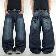 Vintage y2k embroidered dark wash archive baggy wide leg grunge jeans