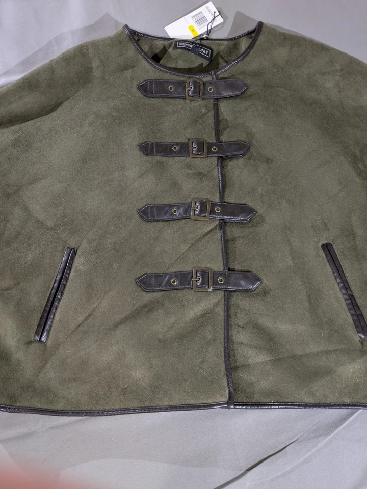 Members Only Poncho Capa Chaqueta Mujer Mediana Loden Verde Imitación Gamuza Línea Sherpa Foto 2 de 4