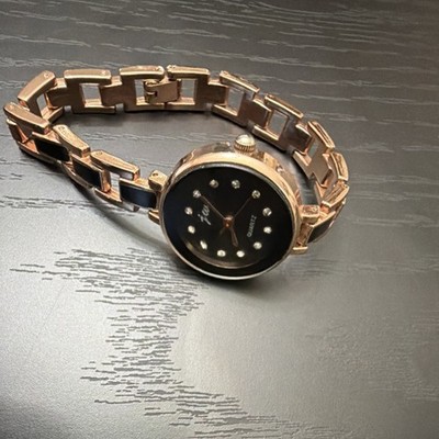 jw Quartz Analog Wristwatch Gold Black Metal Bracelet Diamond Markers Black Dial