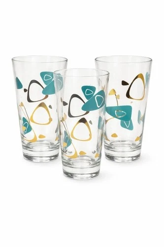 Vintage Atomic Triangle Tumblers Glass Set Teal Gold Black MCM Barware 3-Piece