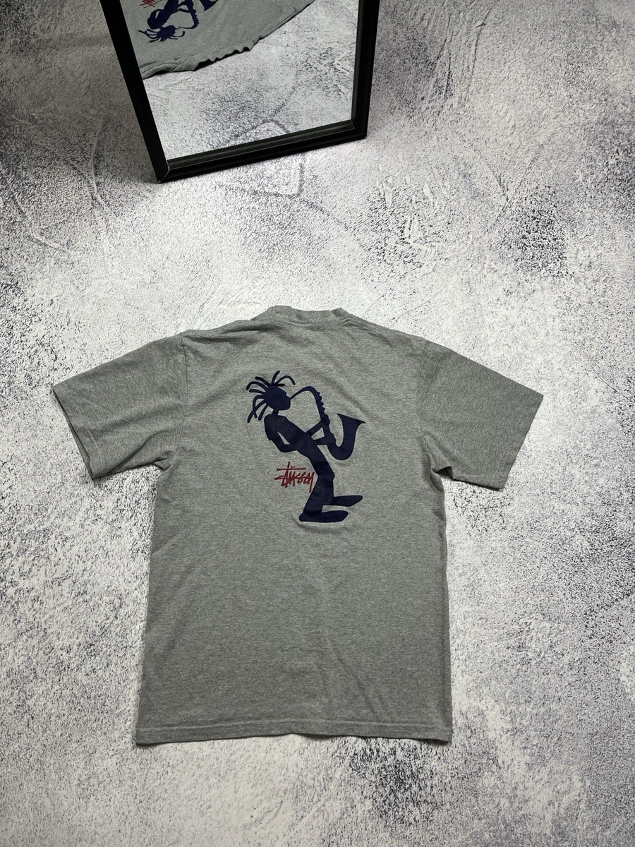 Vintage Stussy Outdoor 90's Jazz Man Saxophone Rare Gray T Shirt