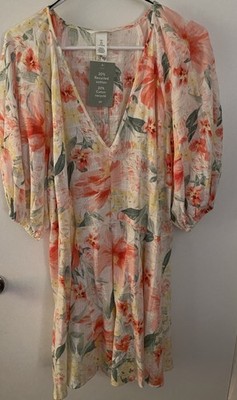H&M Floral Cotton Blend Puff/Balloon Sleeve Flared Skirt Dress Sz Large NWT Plus