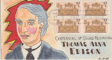 Thomas Alva Edison a hand drawn and hand painted FDC by Ben Kraft 1977