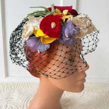 Vintage 1940s Millinery Flower Floral Hat WWII Veil Colorful Tilt Topper OS 40s