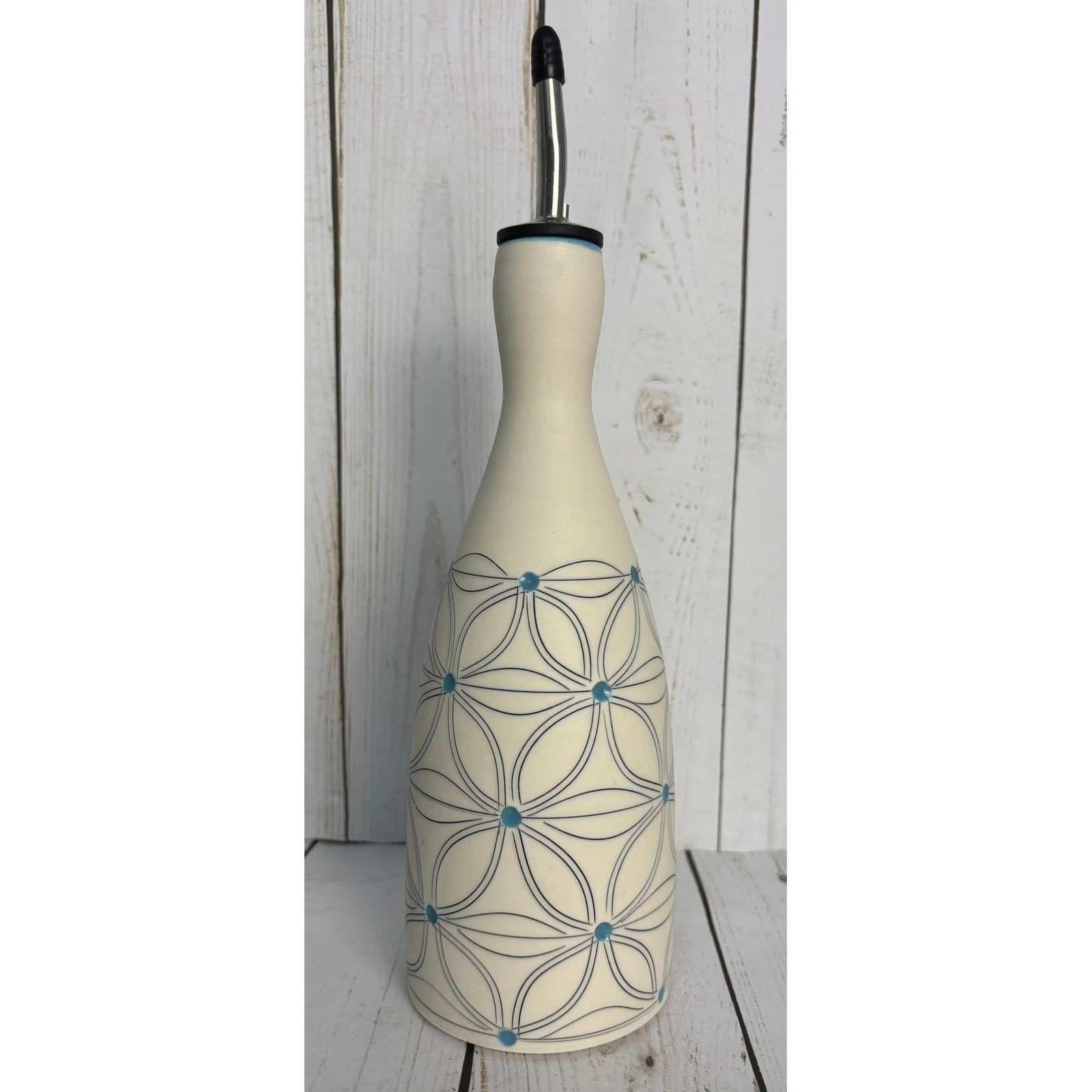 Matt Conlon Signed Ceramic Oil Vinegar Cruet Bottle Blue Flower of Life Pattern