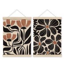 Boho Black Floral Wood Frame Wall Art Set