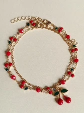 Gold Red Cherry Anklet 2pc, Adjustable, Ankle Bracelet, Foot Chain, UK Seller