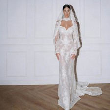 White Full Lace Off Shoulder Wedding Dresses Long Sleeves Mermaid Bridal Gowns