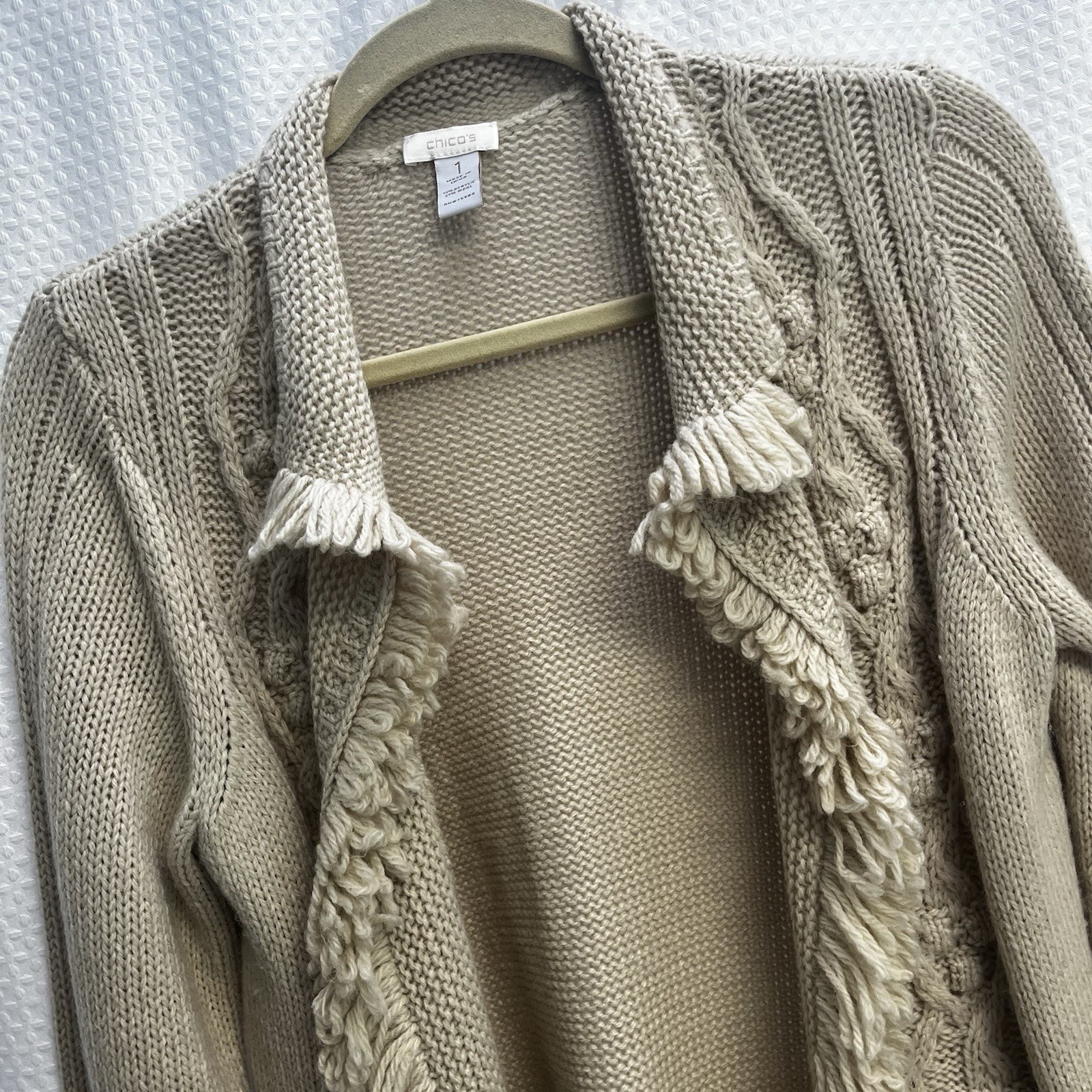 Chicos Beige Wool Blend Cable Fringe Penny Lane O… - image 1