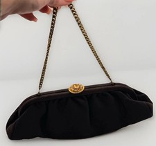 Vintage Evening Golden Acorn Clasp Black Satin Chain Strap Clutch 1950s-1960s