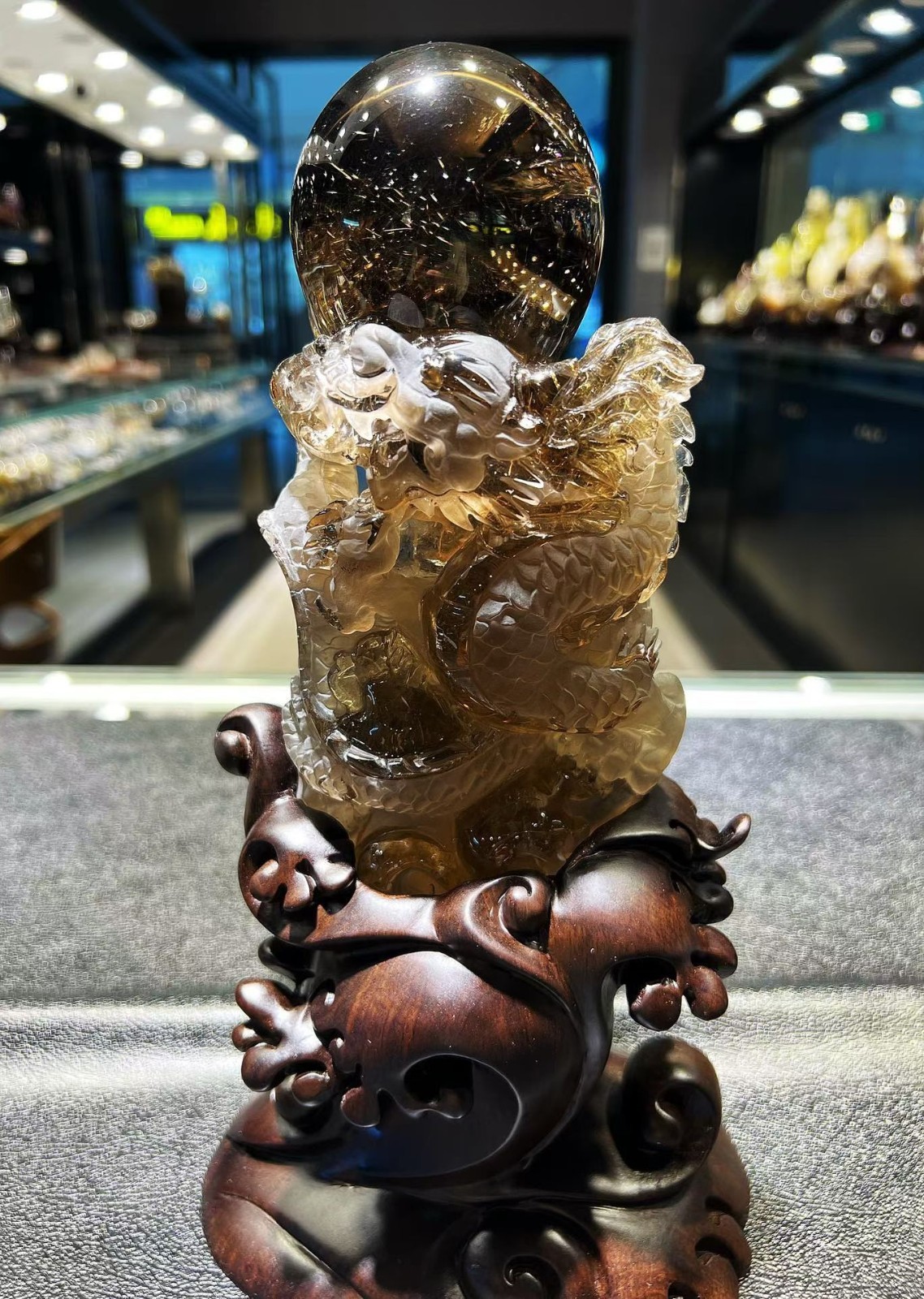 5.78LB  Rare Top Natural Rutile Quartz Dragon Carved Crystal Reiki Decor + Stand