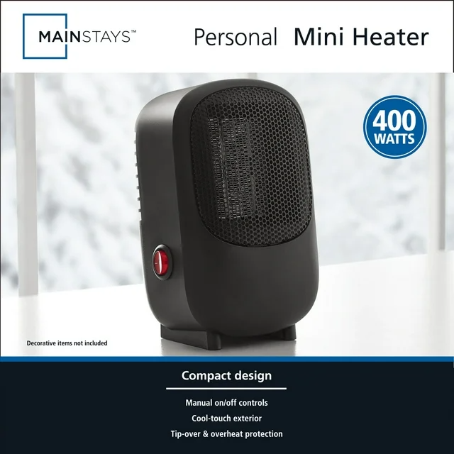 Mainstays Personal Mini Electric Ceramic Heater 400W Indoor Compact 120V