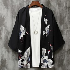 Men Crane Printed Kimono Coats Yukata Cardigan Jacket Loose Outwear Chinese