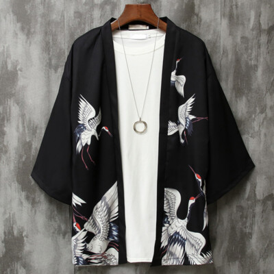 Herren Crane Bedruckt Kimono Mantel Yukata Strickjacke Locker Outwear Chinesisch