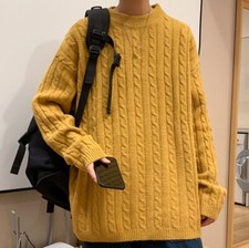 Students Men Thicken Cable Knit Top Sweater Pullover Jumper Loose Casual Sweater
