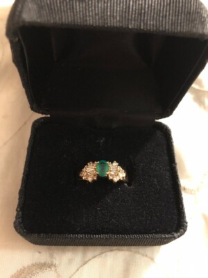 Vintage massiver 14K Gelbgold Diamant & natürlicher ovaler Smaragd Ring Größe 6 1/4