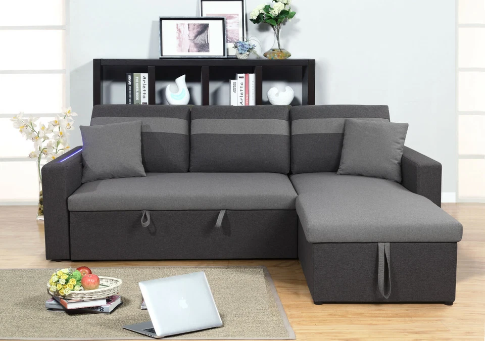 MEGA DIVANO LETTO ANGOLARE CONTENITORE LED GRIGIO BRACCIOLI MATRIMONIALE - ITA - Immagine 4 di 4