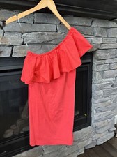 One Shoulder Small Orange Red Cotton Ruffle Stretchy Party Vacation Mini Dress