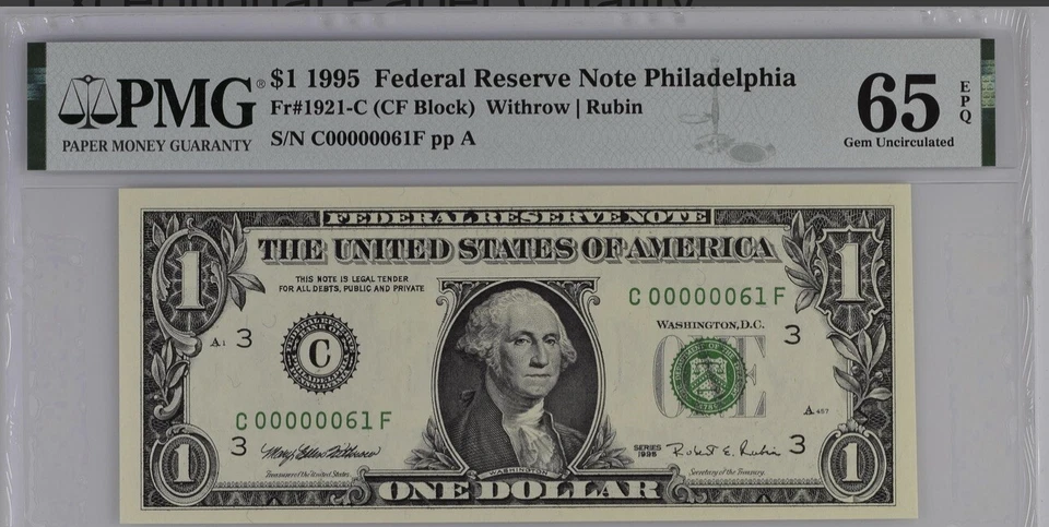 Low Serial 61 FRN $1 Year 1995 PMG65EPQ Birthyear 1961 - Image 2 of 3