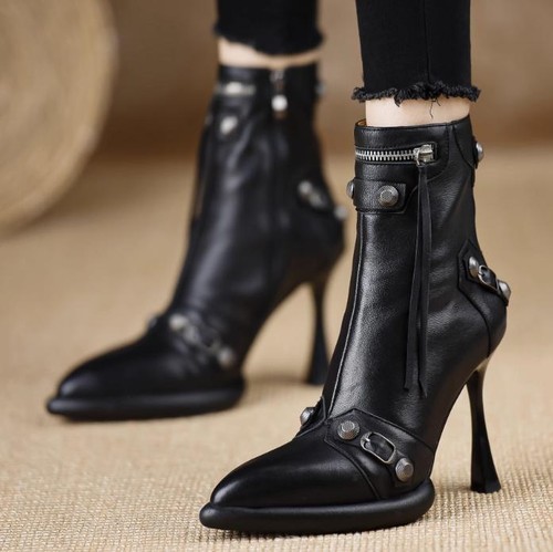 Women Pointy Toe Rivet Metal Shoes Platform Leather Ankle Boots 9.5cm ...