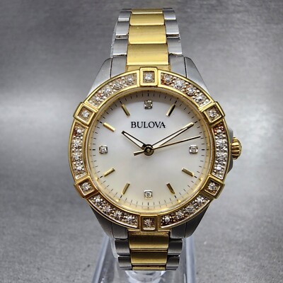 Bulova Crystal Watch Women 28mm MOP Dial Two Tone Round 98R236 New