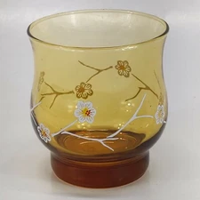 Vintage Libbey Amber Juice Glass White Floral Blossoms MCM 3.5"