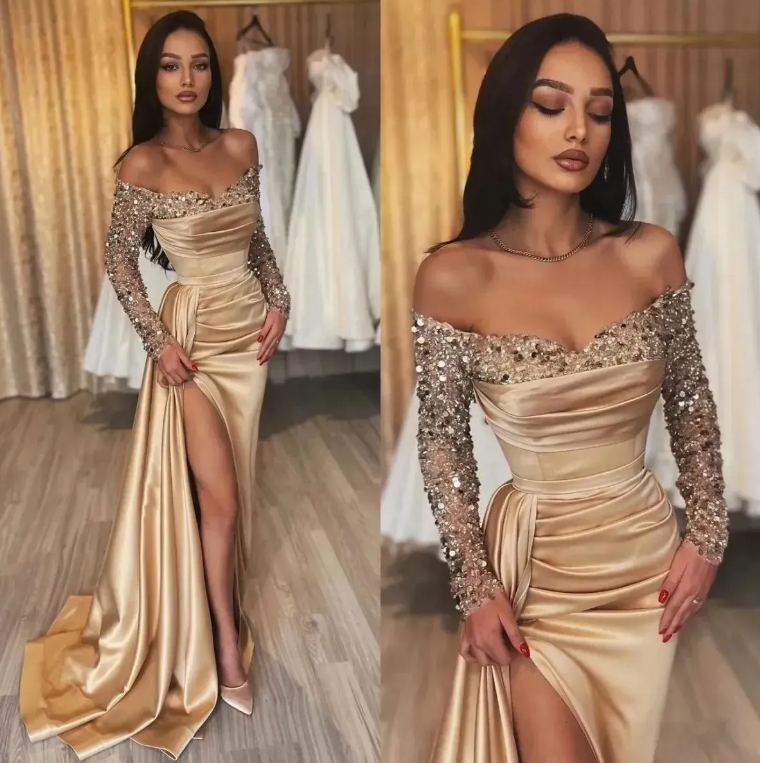 Off Shoulder Gold Prom Dresses Long Sleeves High Split Sequins Party Dress Sweep | eBay Off Shoulder Gold Prom Dresses Long Sleeves High Split Sequins Party Dress Sweep | eBay