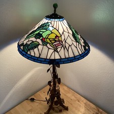 Vintage Art Nouveau Bamboo Sculpture Lamp with Tiffany Style Stained Glass Shade