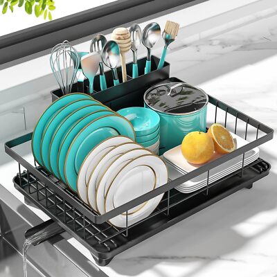 Dish Drying Rack Dish Racks for Kitchen Counter Sink with Drainboard (Black)