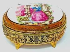 Brass small Jewelry or trinket Box red lined Ceramic Courting Scene footed euc