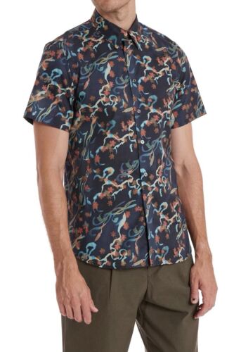 NWT $175 PAUL SMITH Mens Blue Short Sleeve Button Up Floral Motif Shirt. Small
