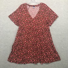 Old Navy M Short Tiered Dress Red Floral V-Neck A-Line Short Sleeve Pockets Boho