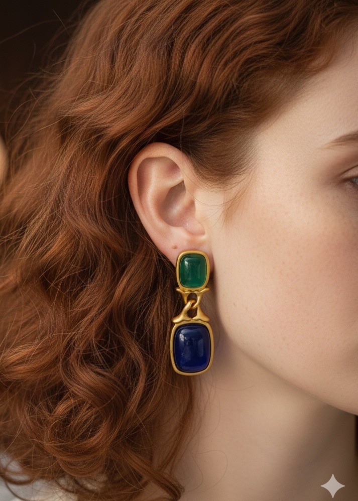 Museum Geometric Cabochon Earrings Gold Art VTG Boho Court Antique Deco Stud CZ