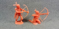 2 Marx Indian Cowboy Unknown Playset Red Plastic Toy Figure Vintage Lot 50mm