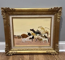 Vintage Original Oil Painting On Wood Board Abstract Herd Of Wild Horses & Cows