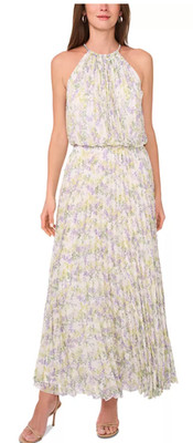 MSK Full Length Dress Size 10 Purple Floral Pleated Belted Necklace-Neck  APR133
