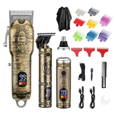 New 3 In 1 Full Metal Oil Clippers Digital Display Electric Hair Clipper Engravi