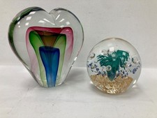 2 Murano Glass Hand Made Paperweights- Heart & Anemone - Vintage