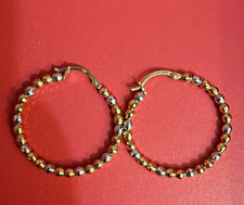 14k Signed Multi-Tone Gold Beaded Hoop Earrings, Round Snap Closure