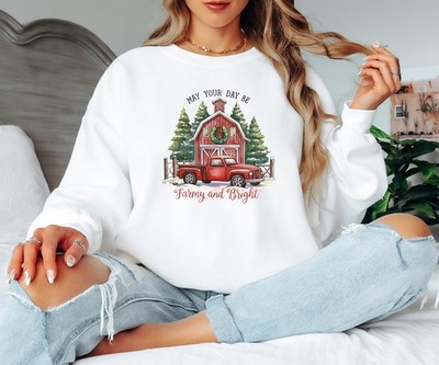 May Your Day Be Farmy And Bright Womens Christmas Sweatshirt Farm Holiday