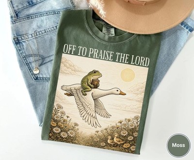 Off to Praise the Lord Christian Mom Shirt Funny Frog Riding Goose Vintage Churc