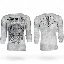 Men's Archaic by Affliction MMA Skull & Wings White Thermal Y2K T-Shirt S-4XL