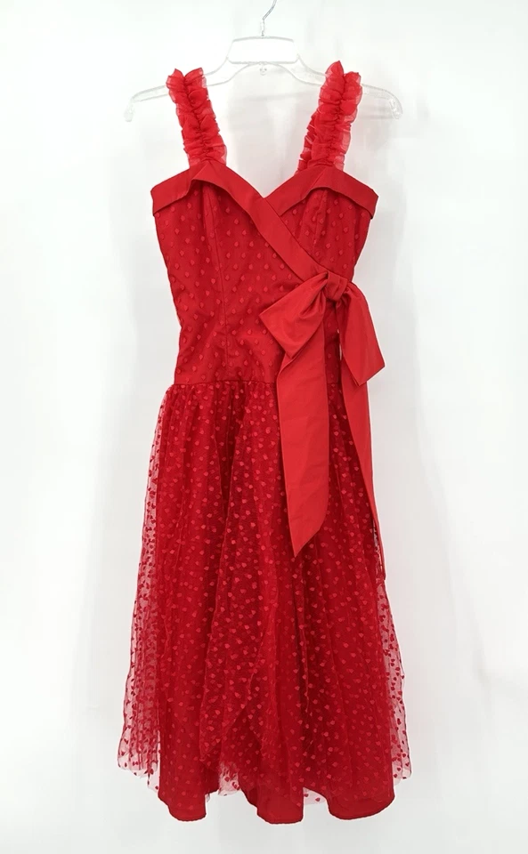 复古 80 年代红色派对礼服薄纱波点中长塔夫绸假日正式 XS — 第 2/4 张图片