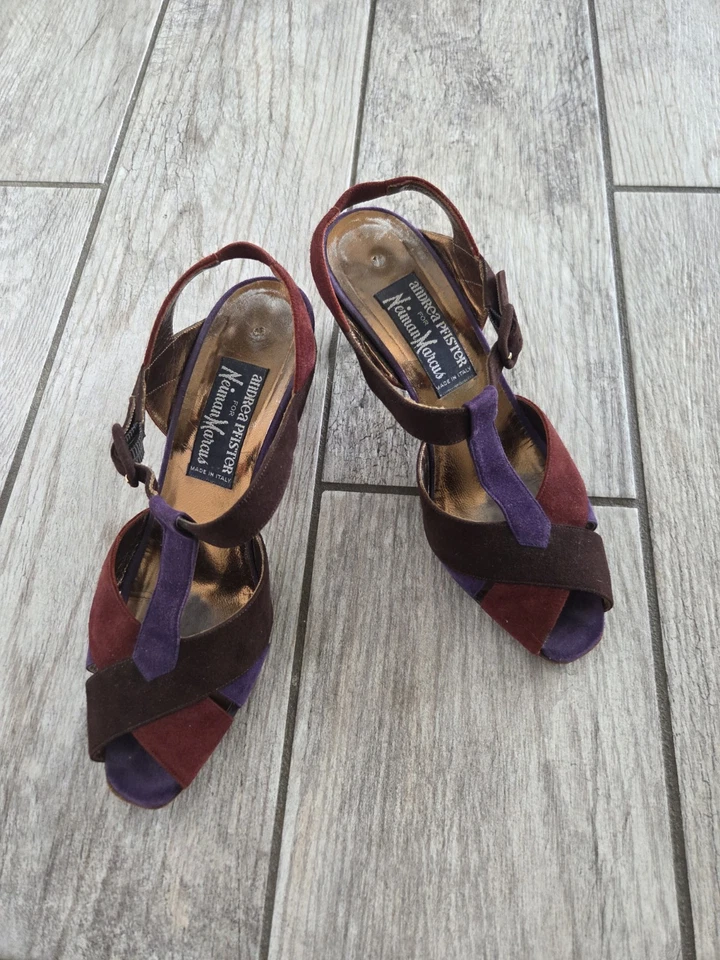 Andrea Pfister Neiman Marcus 复古麂皮绒皮革高跟鞋 意大利勃艮第紫色 6 — 第 2/4 张图片