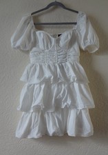 PrettyLittleThing White Crinkle Cup Detail Tiered Skirt Skater Dress Size 10