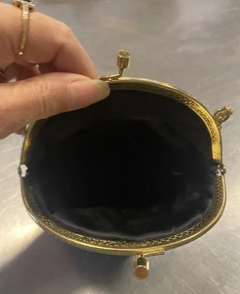 Vintage Black Beaded Round Evening Bag with Gold Chain - Image 2 of 3